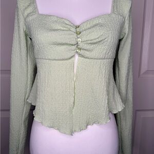 Forever 21 Light Green Ruched Blouse Long Sleeve Sz S